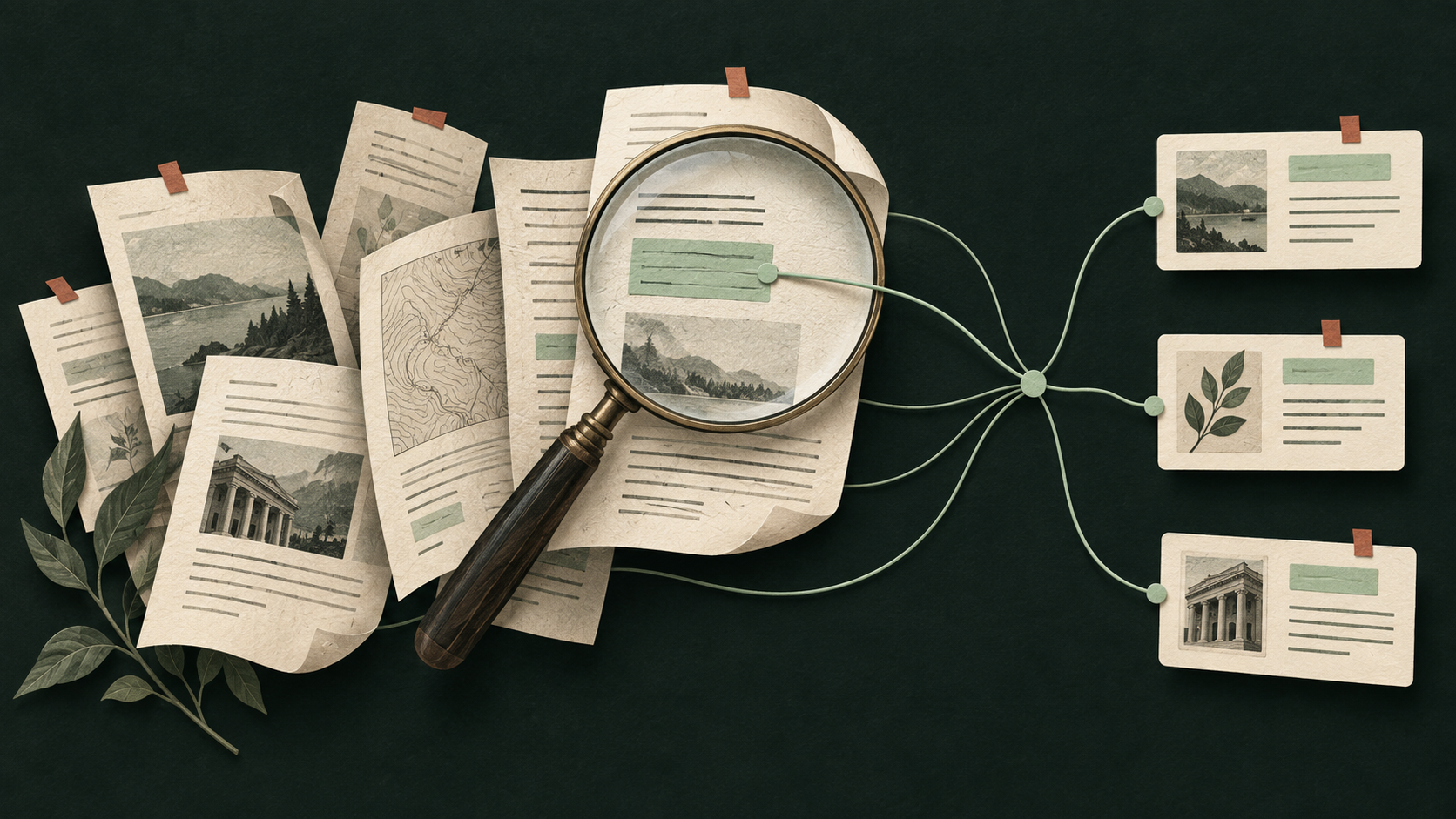 Paper documents and a magnifying lens connected by celadon threads to structured result cards.
